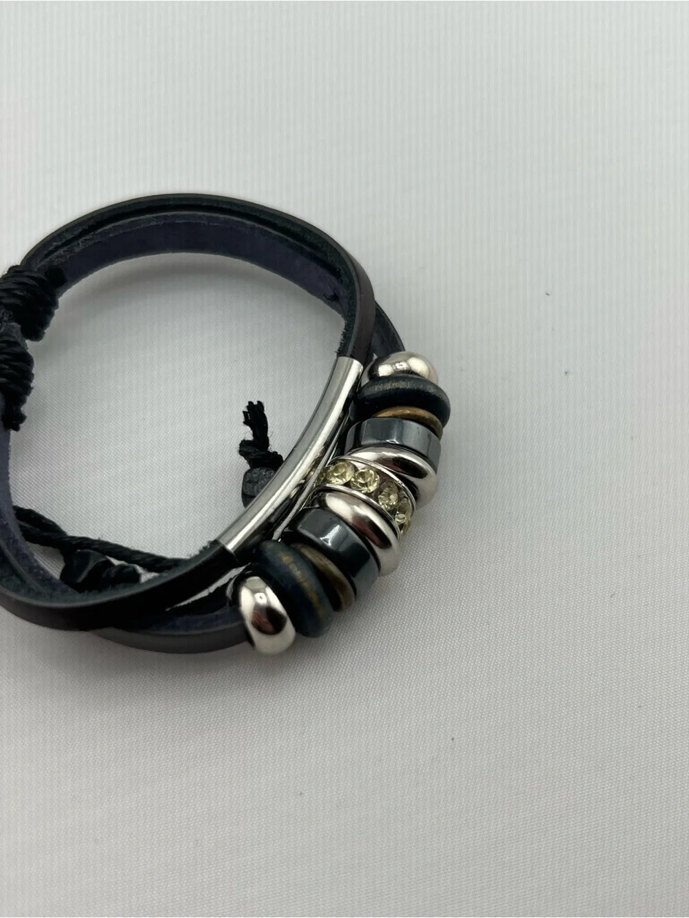 Black Leather Multi Strand Bracelet Silver Bead Rhinestone Accent Unisex